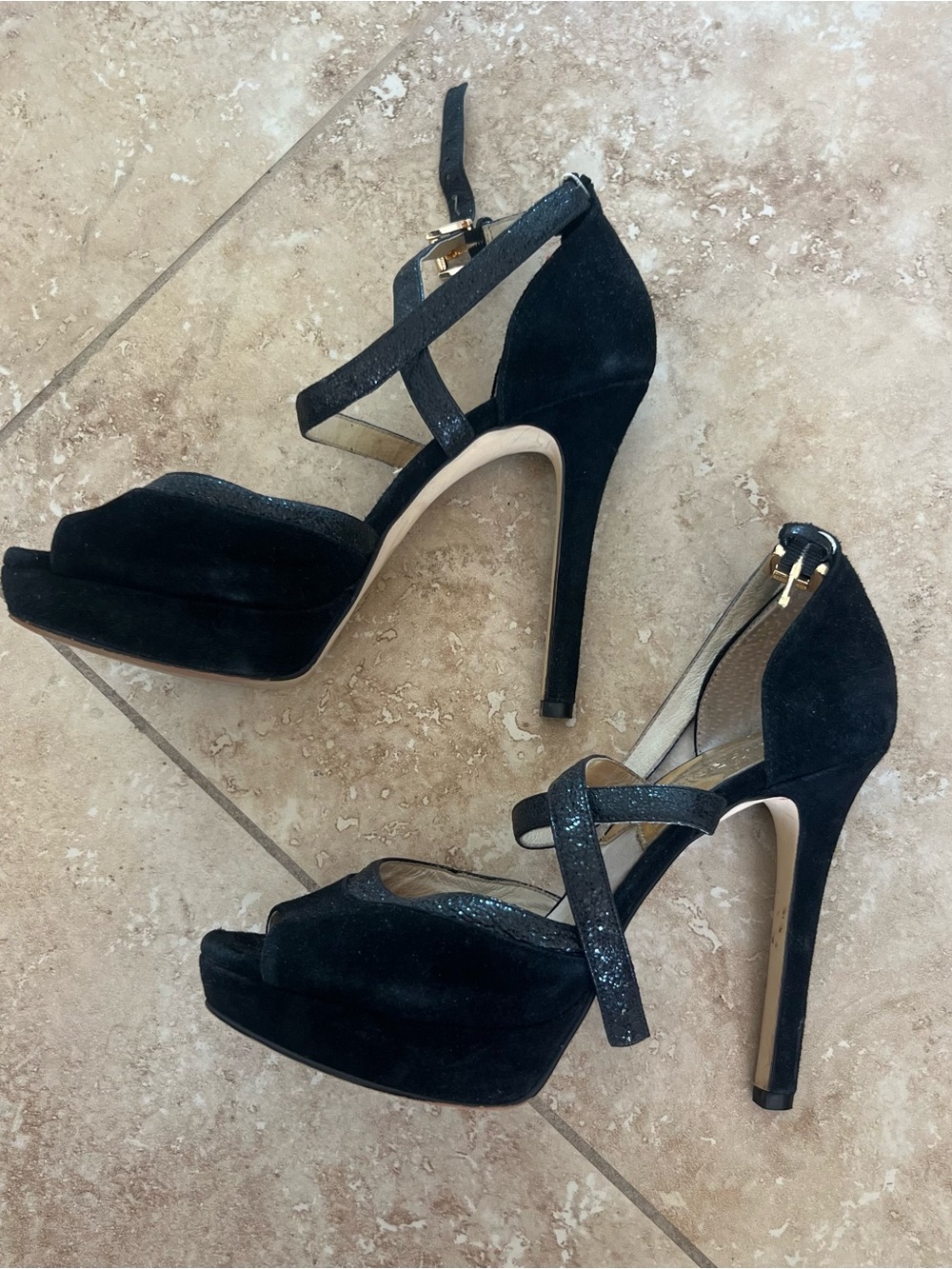 MK Black Suede Platform High Heel Sandals
